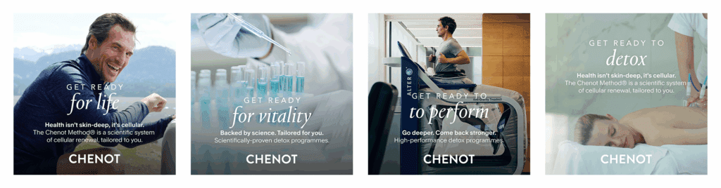 Four promotional panels for Chenot, created by a top digital agency, showcase luxury services: a smiling man outdoors, laboratory equipment, a woman on a treadmill, and a relaxing massage—each paired with inspiring wellness slogans.