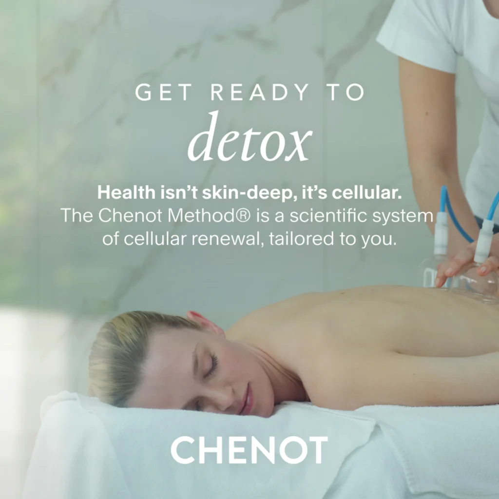 A woman lies on a massage table receiving a treatment with two handheld devices; text promotes a cellular detox method by Chenot.